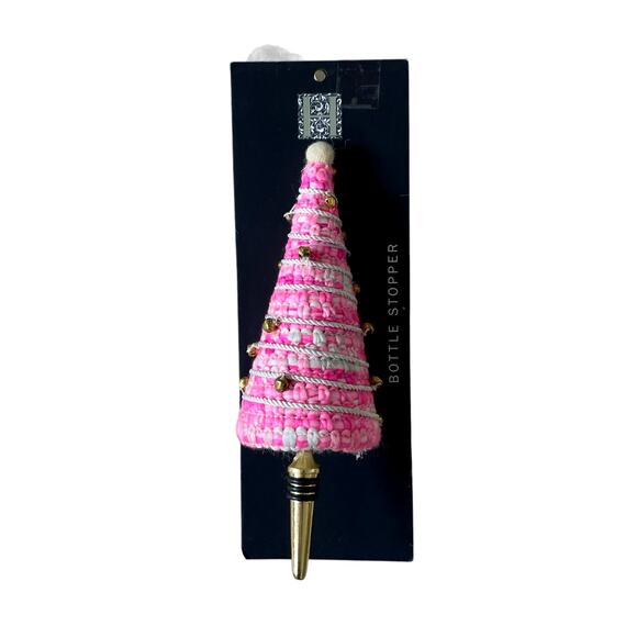 Pink Christmas Tree Bottle Stopper Embellished Holiday Glam Gold Bells New - Picture 8 of 10